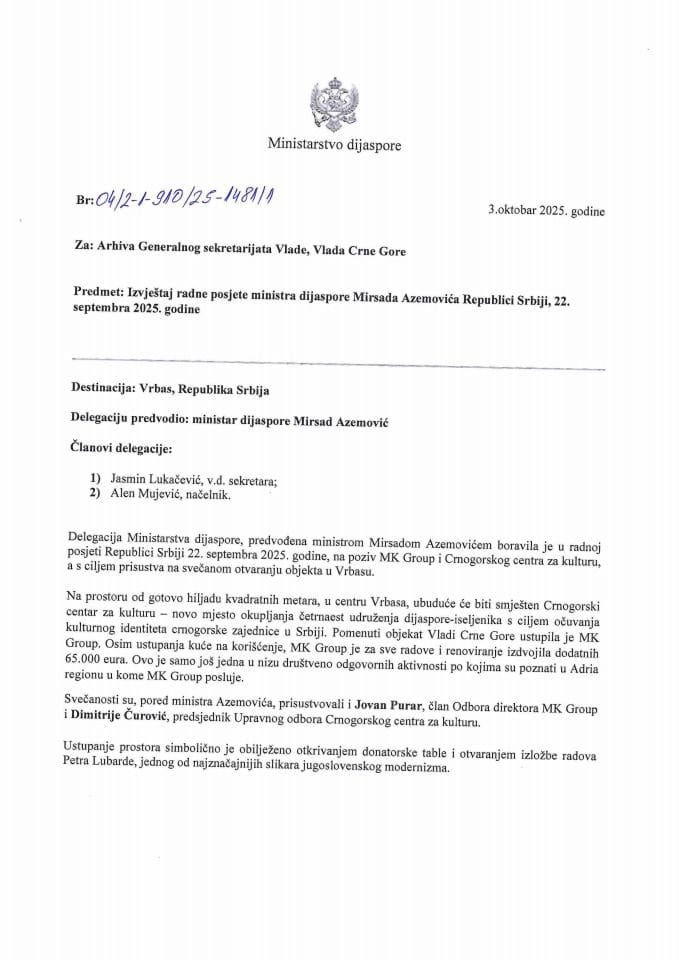Izvještaj sa radne posjete ministra dijaspore Mirsada Azemovića Republici Srbiji, 22. septembra 2025. godine