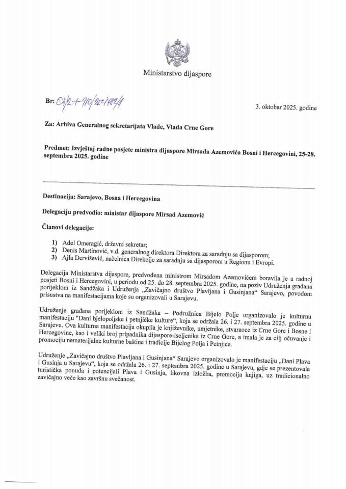 Izvještaj sa radne posjete ministra dijaspore Mirsada Azemovića Bosni i Hercegovini, 25-28. septembra 2025. godine