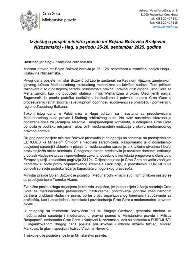 Izvještaj o posjeti ministra pravde mr Bojana Božovića Kraljevini Nizozemskoj - Hag, u periodu 25-26. septembar 2025. godine