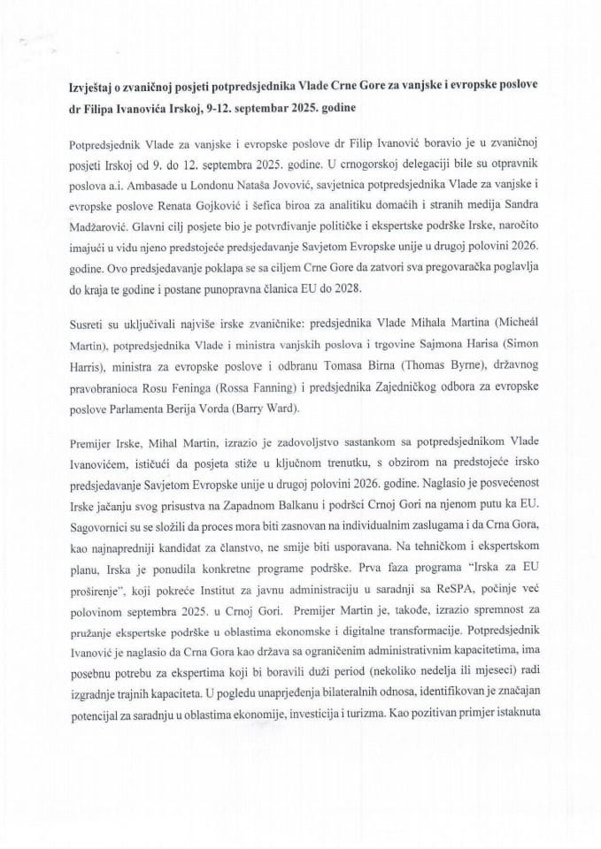 Izvještaj o zvaničnoj posjeti potpredsjednika Vlade Crne Gore za vanjske i evropske poslove dr Filipa Ivanovića Irskoj (Dablin, 9-12. septembar 2025. godine)