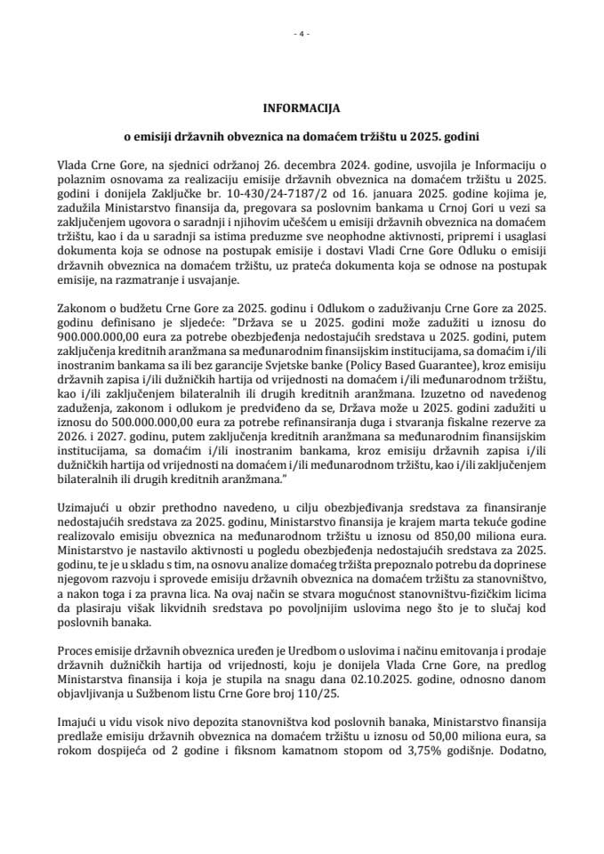 Informacija o emisiji državnih obveznica na domaćem tržištu u 2025. godini s Predlogom odluke o emisiji državnih obveznica na domaćem tržištu