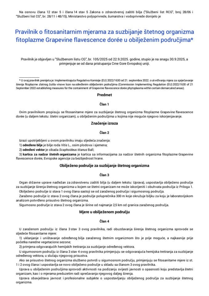 Pravilnik o fitosanitarnim mjerama za suzbijanje štetnog organizma fitoplazme Grapevine flavescence dorée u obilježenim područjima