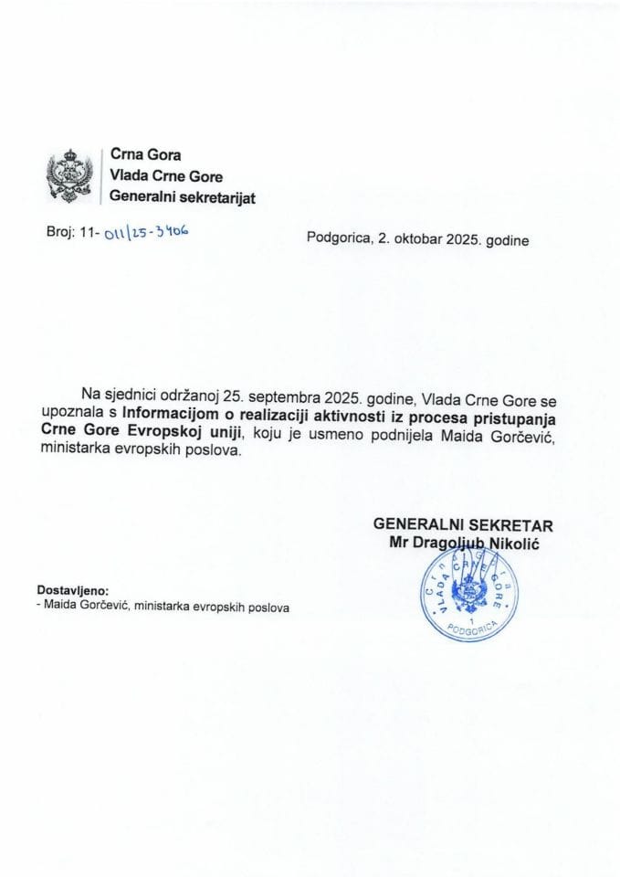 Usmena informacija o realizaciji aktivnosti iz procesa pristupanja Crne Gore Evropskoj uniji - Zaključci