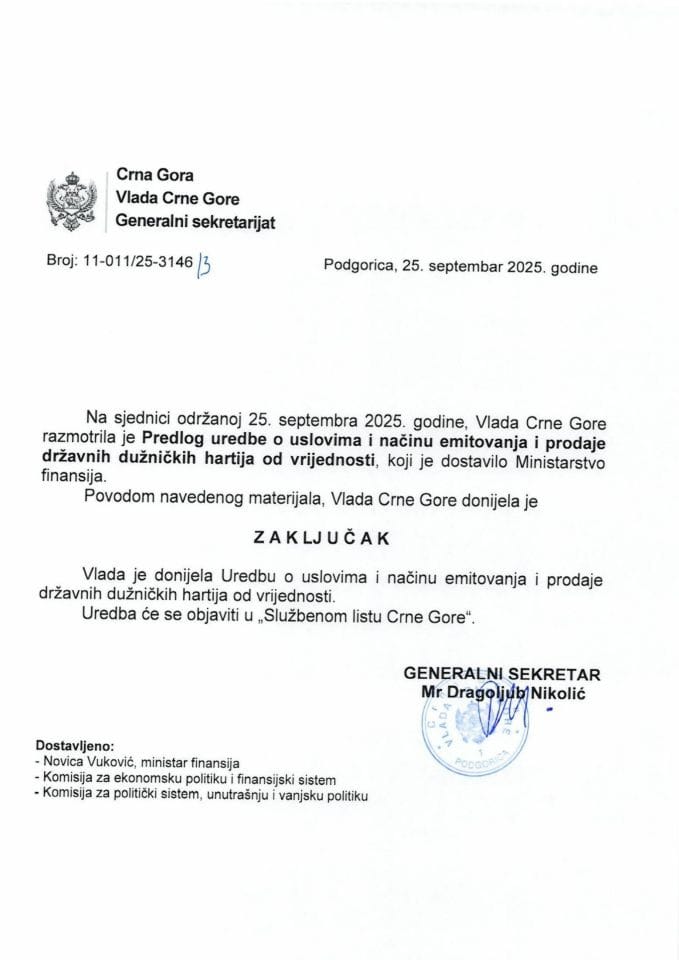 Predlog uredbe o uslovima i načinu emitovanja i prodaje državnih dužničkih hartija od vrijednosti - Zaključci