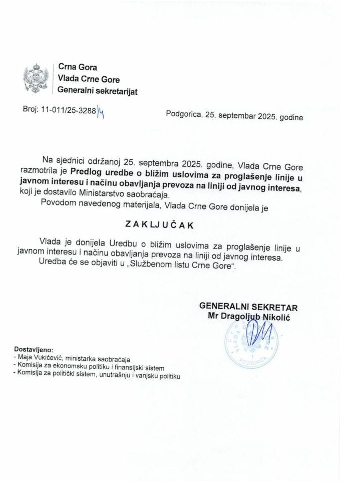 Predlog uredbe o bližim uslovima za proglašenje linije u javnom interesu i načinu obavljanja prevoza na liniji od javnog interesa - Zaključci