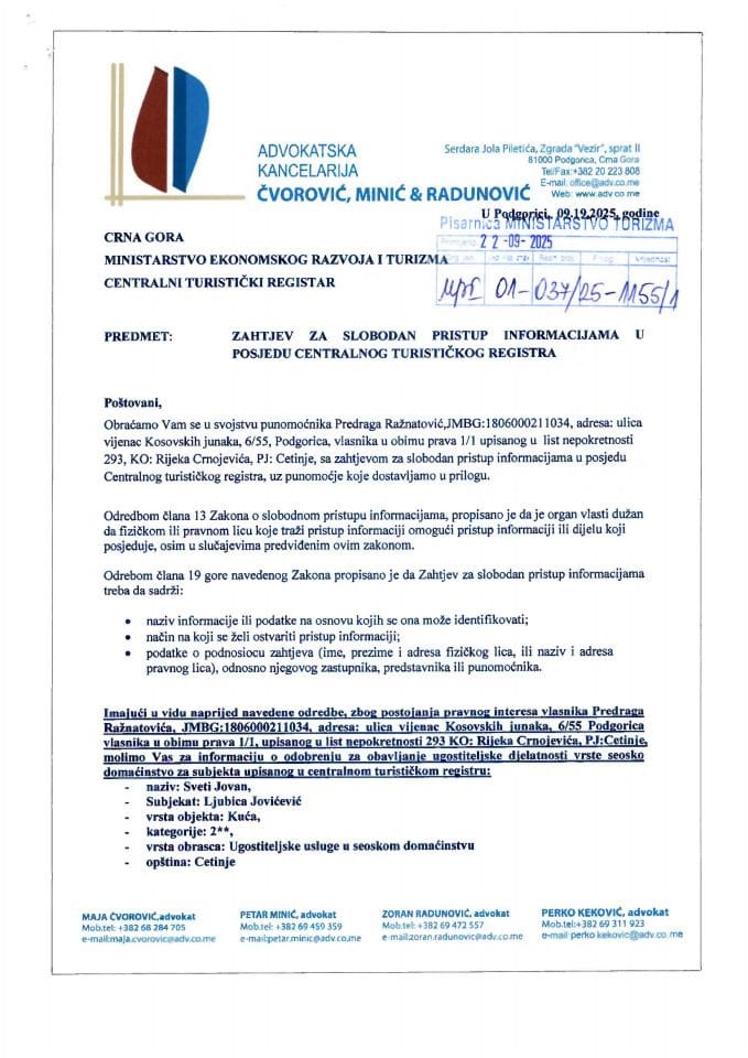 Zahtjev - Slobodan pristup informacijama - UPI-01-037-25-1155-1 Advokatska kancelarija ČVOROVIĆ, MINIĆ & RADUNOVIĆ
