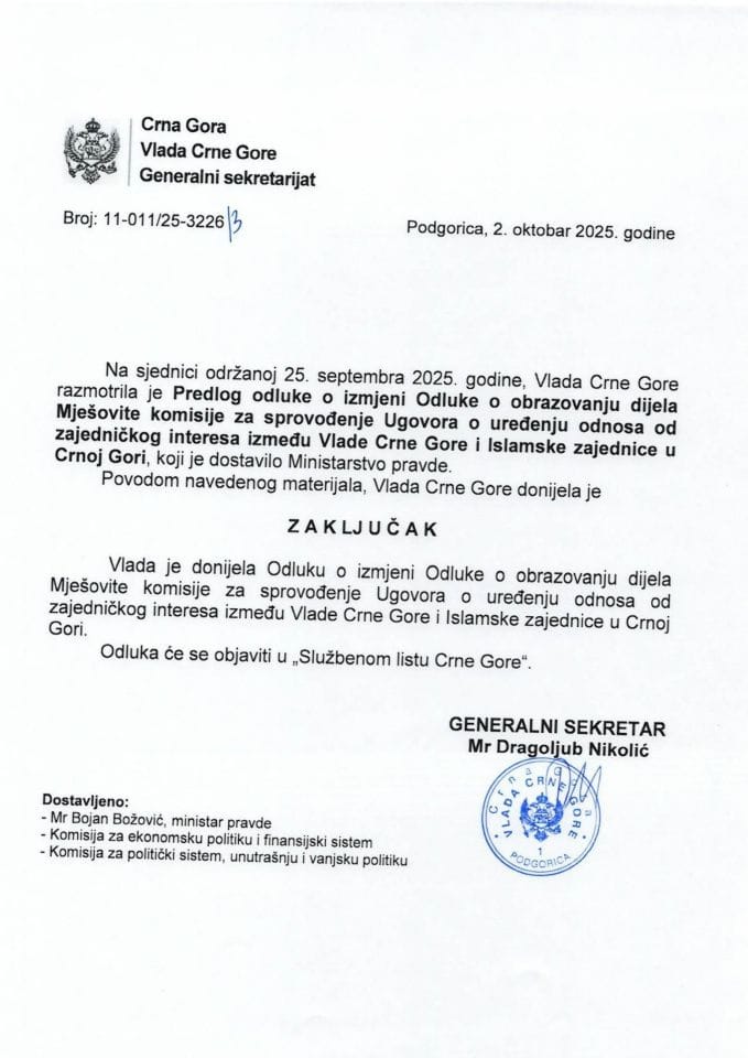 Predlog odluke o izmjeni Odluke o obrazovanju dijela Mješovite komisije za sprovođenje Ugovora o uređenju odnosa od zajedničkog interesa između Vlade Crne Gore i Islamske zajednice u Crnoj Gori - Zaključci