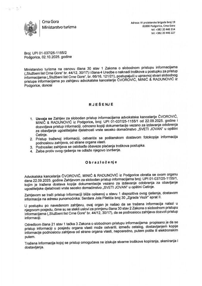 Rješenje - Slobodan pristup informacijama - UPI-01-037-25-1155-2 Advokatska kancelarija ČVOROVIĆ, MINIĆ & RADUNOVIĆ