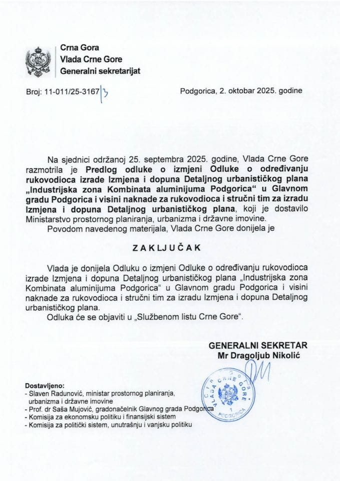 Predlog odluke o izmjeni Odluke o određivanju rukovodioca izrade Izmjena i dopuna Detaljnog urbanističkog plana „Industrijska zona Kombinata aluminijuma Podgorica“ u Glavnom gradu - Podgorica - Zaključci