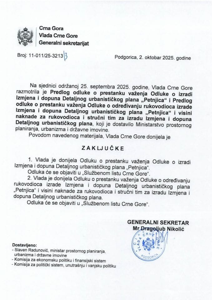 Predlog odluke o prestanku važenja Odluke o izradi Izmjena i dopuna Detaljnog urbanističkog plana „Petnjica“ i Predlog odluke o prestanku važenja Odluke o određivanju rukovodioca izrade Izmjena i dopuna Detaljnog urbanističkog plana „Petnjica“ - Zaključci