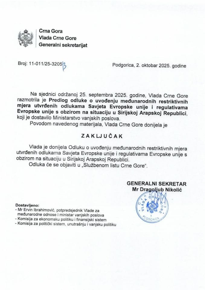 Predlog odluke o uvođenju međunarodnih restriktivnih mjera utvrđenih odlukama Savjeta Evropske unije i regulativama Evropske unije s obzirom na situaciju u Sirijskoj Arapskoj Republici - Zaključci