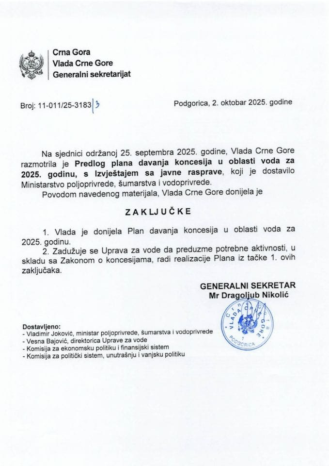 Predlog plana davanja koncesija u oblasti voda za 2025. godinu s Izvještajem sa javne rasprave - Zaključci