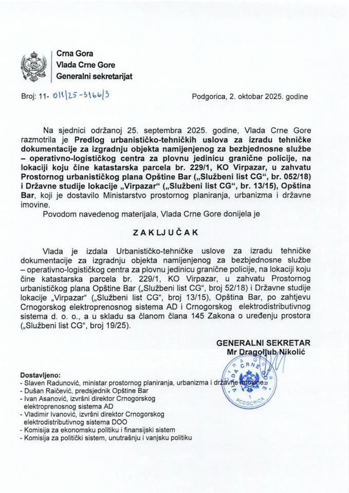 Predlog urbanističko-tehničkih uslova za izradu tehničke dokumentacije za izgradnju objekta namijenjenog za bezbjednosne službe - operativno logističkog centra za plovnu jedinicu granične policije, na lokaciji br. 229/1 KO Virpazar - Zaključci