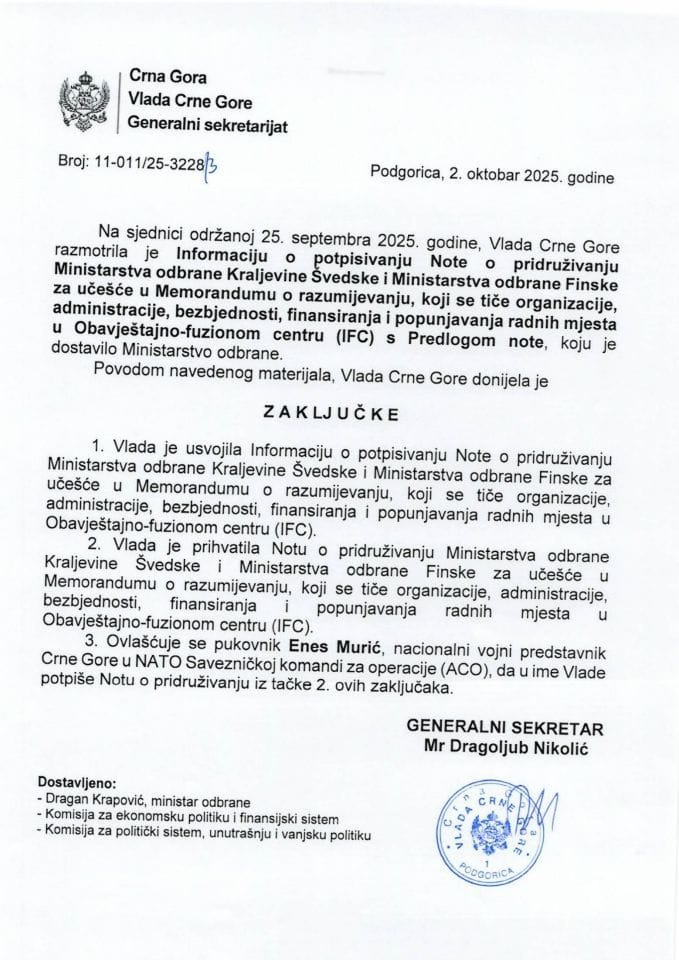 Informacija o potpisivanju Note o pridruživanju Ministarstva odbrane Švedske i Ministarstva odbrane Finske - Zaključci