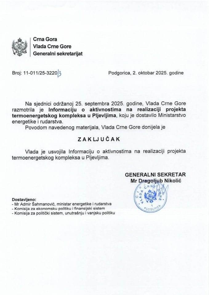 Informacija o aktivnostima na realizaciji projekta termoenergetskog kompleksa u Pljevljima - Zaključci