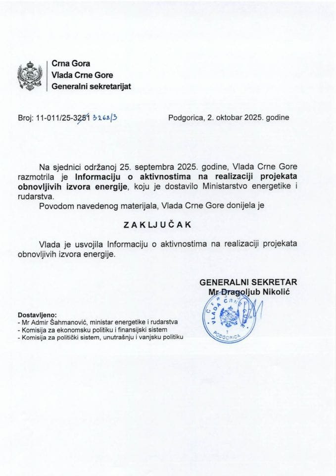 Informacija o aktivnostima na realizaciji projekata obnovljivih izvora energije - Zakljčci