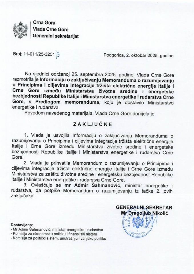 Informacija o zaključivanju Memoranduma o razumijevanju o Principima i ciljevima integracije tržišta električne energije Italije i Crne Gore - Zaključci