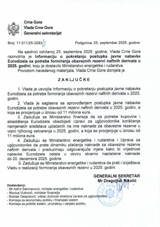 Informacija o pokretanju postupka javne nabavke Eurodizela za potrebe formiranja obaveznih rezervi naftnih derivata u 2025. godini - Zaključci