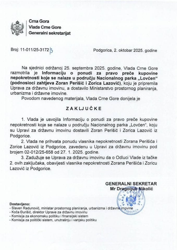 Informacija o ponudi za pravo preče kupovine nepokretnosti koje se nalaze u području Nacionalnog parka „Lovćen“(podnosioci zahtjeva Zoran Perišić i Zorica Lazović) - Zaključci