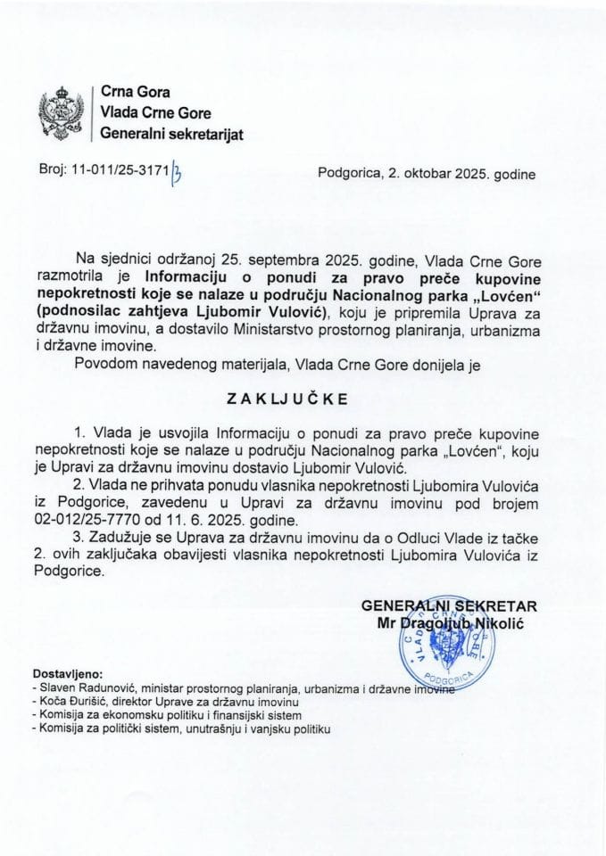 Informacija o ponudi za pravo preče kupovine nepokretnosti koje se nalaze u području Nacionalnog parka „Lovćen“ (podnosilac zahtjeva Ljubomir Vulović) - Zaključci