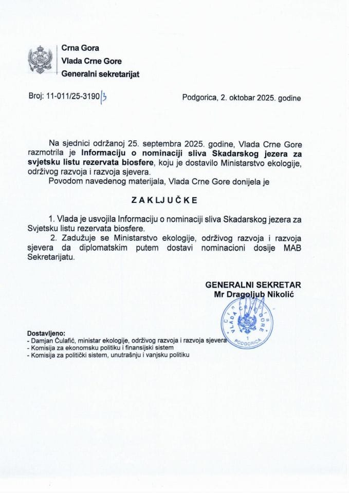 Informacija o nominaciji sliva Skadarskog jezera za svjetsku listu rezervata biosfere - Zaključci