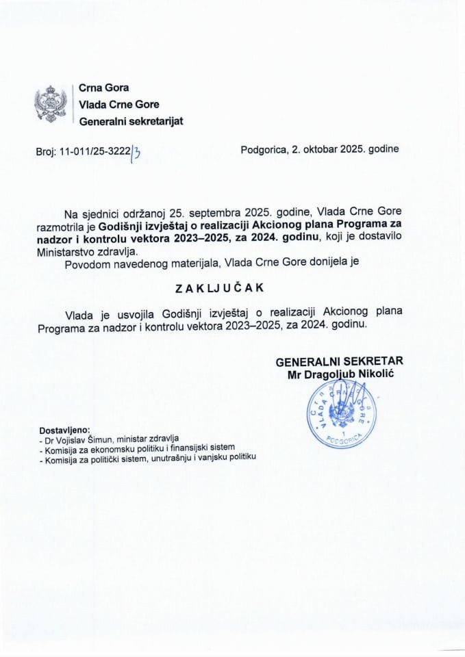 Godišnji izvještaj o realizaciji Akcionog plana Programa za nadzor i kontrolu vektora 2023-2025, za 2024. godinu - Zaključci