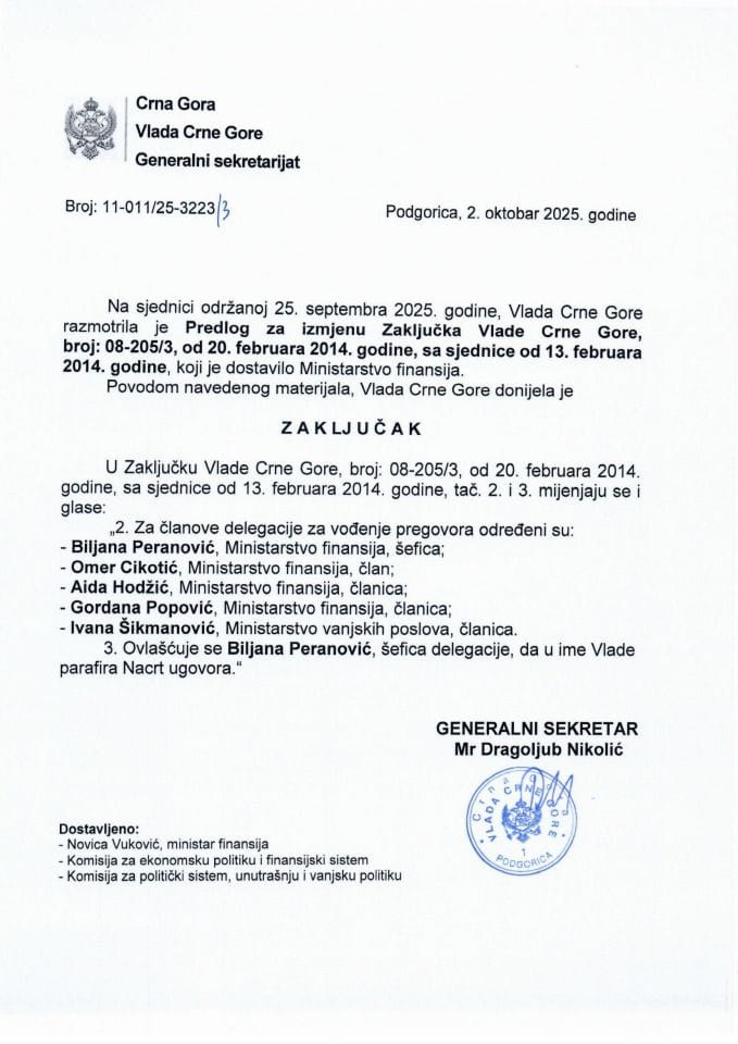 Predlog za izmjenu Zaključka Vlade Crne Gore, broj: 08-205/3, od 20. februara 2014. godine, sa sjednice od 13. februara 2014. godine - Zaključci