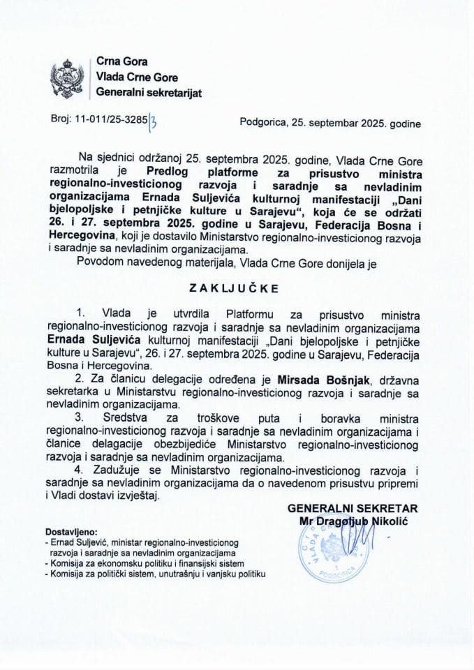 Predlog platforme za prisustvo ministra regionalno-investicionog razvoja i saradnje sa nevladinim organizacijama Ernada Suljevića kulturnoj manifestaciji „Dani bjelopoljske i petnjičke kulture u Sarajevu“ - Zaključci