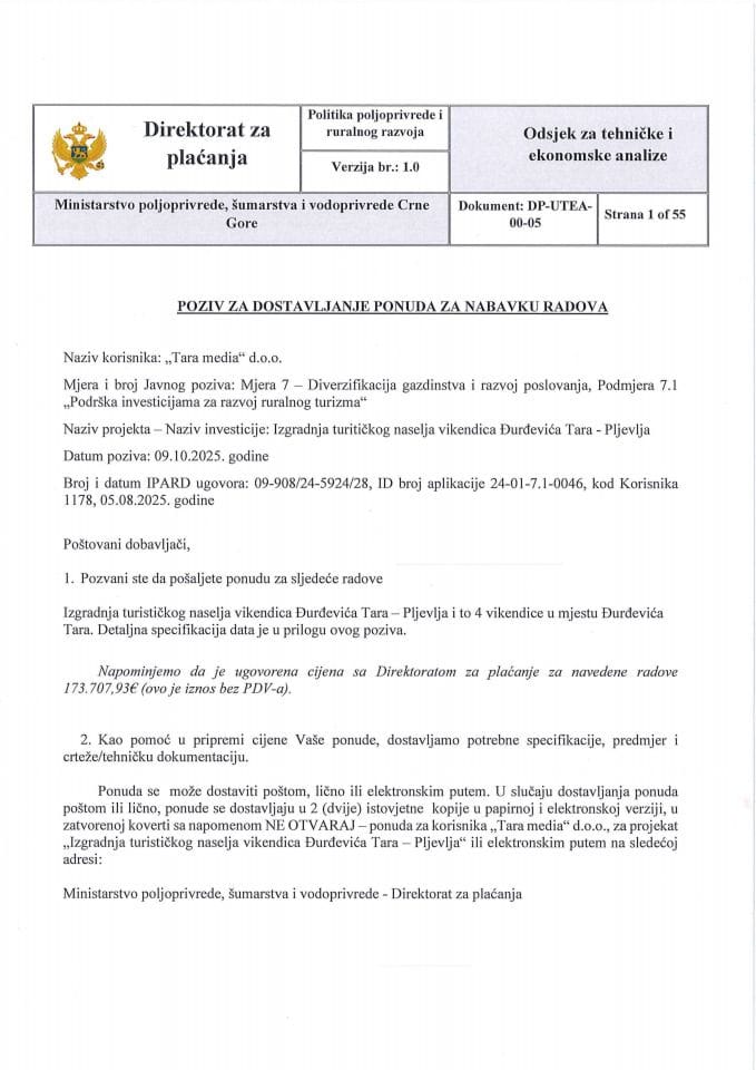 Poziv za dostavljanje ponuda za nabavku radova - Tara media d.o.o