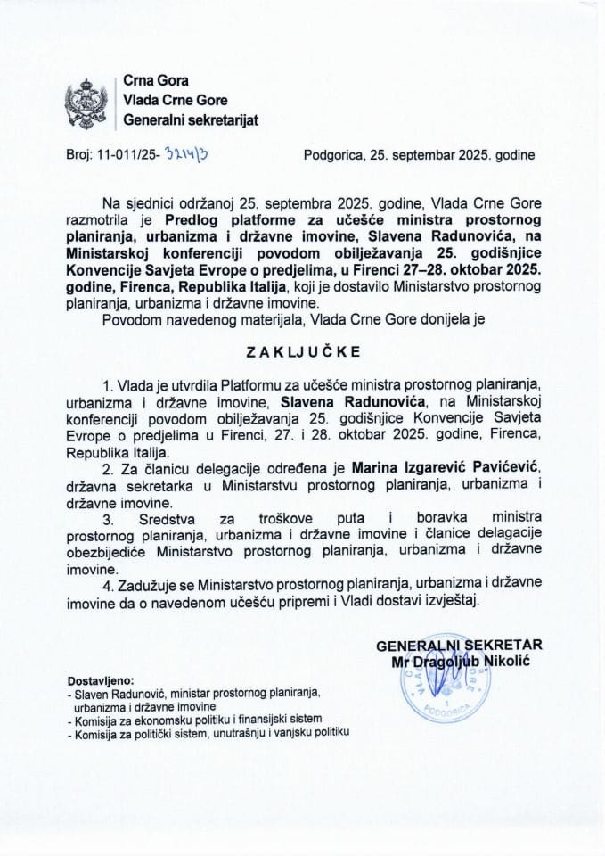 Predlog platforme za učešće ministra prostornog planiranja, urbanizma i državne imovine, Slavena Radunovića, na Ministarskoj konferenciji povodom obilježavanja 25. godišnjice Konvencije Savjeta Evrope o predjelima u Firenci - Zaključci