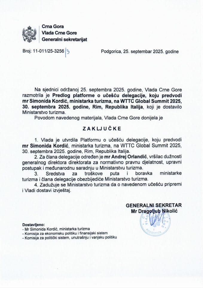 Predlog platforme o učešću delegacije, koju predvodi mr Simonida Kordić, ministarka turizma, na WTTC Global Summit 2025, 30. septembra 2025. godine, Rim, Republika Italija - Zaključci