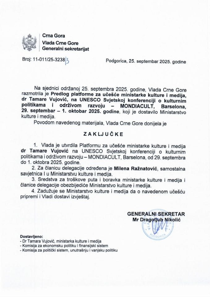 Predlog platforme za učešće ministarke kulture i medija dr Tamare Vujović na UNESCO Svjetskoj koferenciji o kulturnim politikama i održivom razvoju - MONDIACULT, Barselona, 29. septembar – 1. oktobar 2025. godine - Zaključci