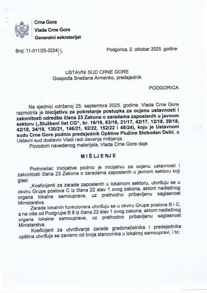 Predlog mišljenja na Inicijativu za pokretanje postupka za ocjenu ustavnosti i zakonitosti odredbe člana 23 Zakona o zaradama zaposlenih u javnom sektoru, koju je podnio predsjednik Opštine Plužine Slobodan Delić - Zaključci