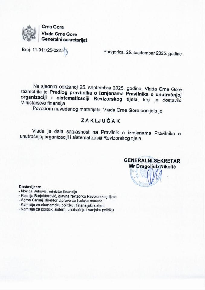 Predlog pravilnika o izmjenama Pravilnika o unutrašnjoj organizaciji i sistematizaciji Revizorskog tijela - Zaključci