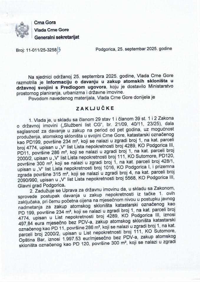 Informacija o davanju u zakup atomskih skloništa u državnoj svojini s Predlogom ugovora - Zaključci