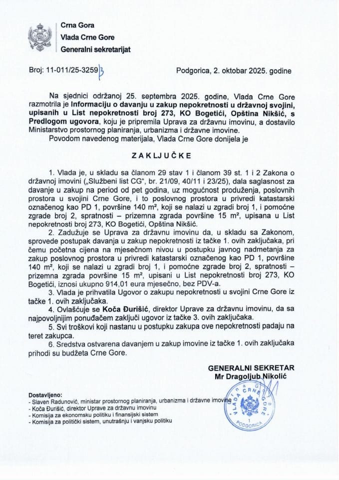 Informacija o davanju u zakup nepokretnosti u državnoj svojini upisanih u list nepokretnosti broj 273 KO Bogetići, Opština Nikšić s Predlogom ugovora - Zaključci