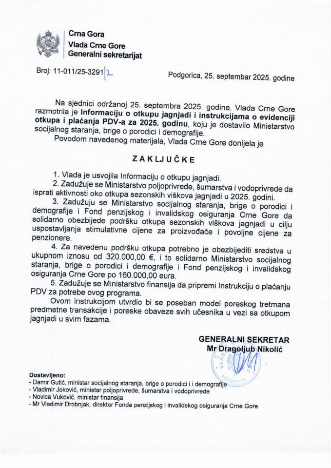 Informacija o otkupu jagnjadi i instrukcija o evidencijama otkupa i plaćanja PDV-a za 2025. godinu - Zaključci