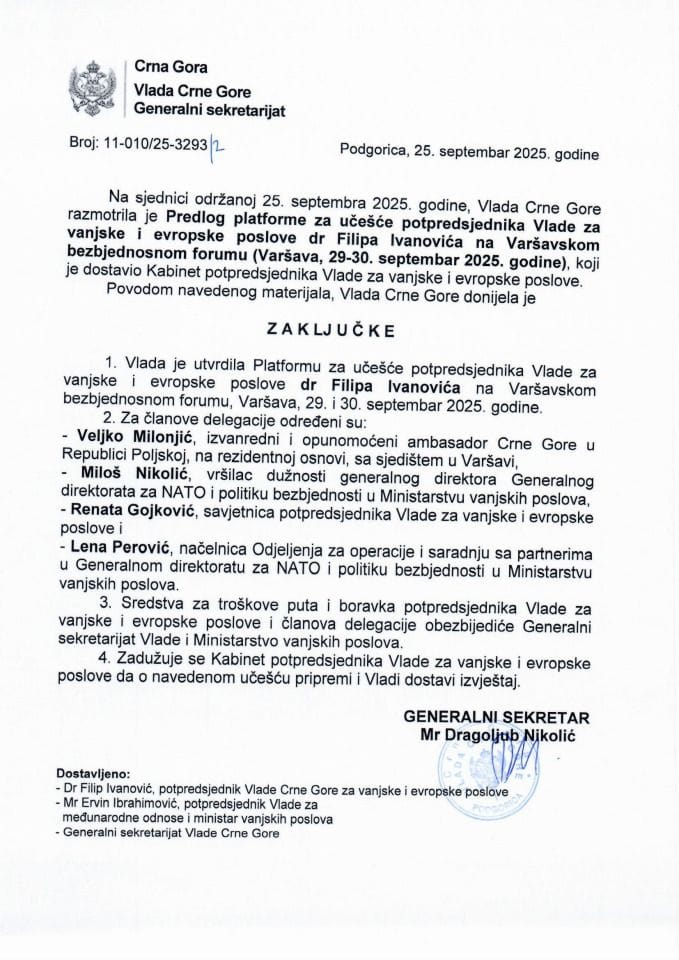 Predlog platforme za učešće potpredsjednika Vlade za vanjske i evropske poslove dr Filipa Ivanovića na Varšavskom bezbjednosnom forumu (Varšava, 29-30. septembar 2025. godine) - Zaključci