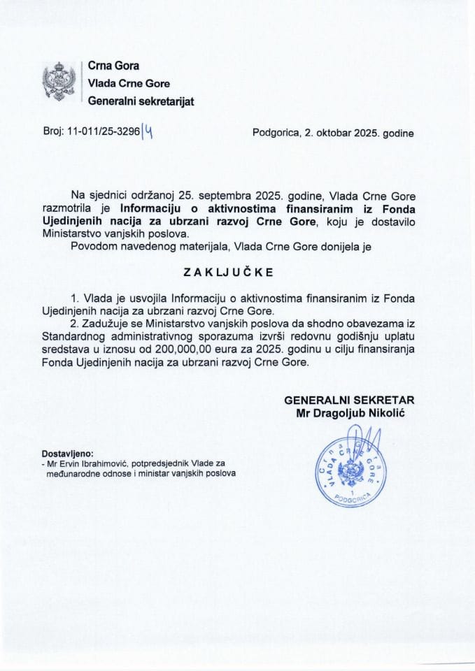 Informacija o aktivnostima finansiranim iz Fonda Ujedinjenih nacija za ubrzani razvoj Crne Gore - Zaključci