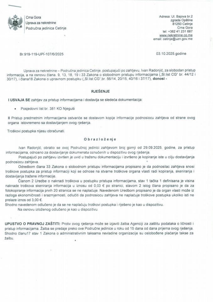 Rješenja o slobodnom pristupu informacijama - 13.10.2025.