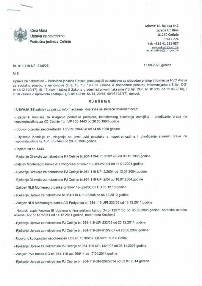 Рјешења о слободном приступу информацијама - 03.10.2025.