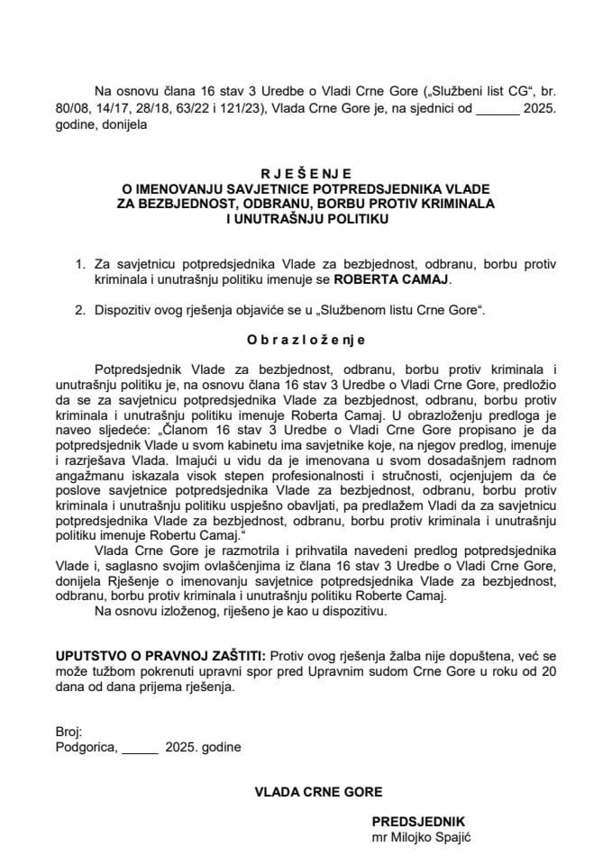 Predlog za imenovanje savjetnice potpredsjednika Vlade za bezbjednost, odbranu, borbu protiv kriminala i unutrašnju politiku