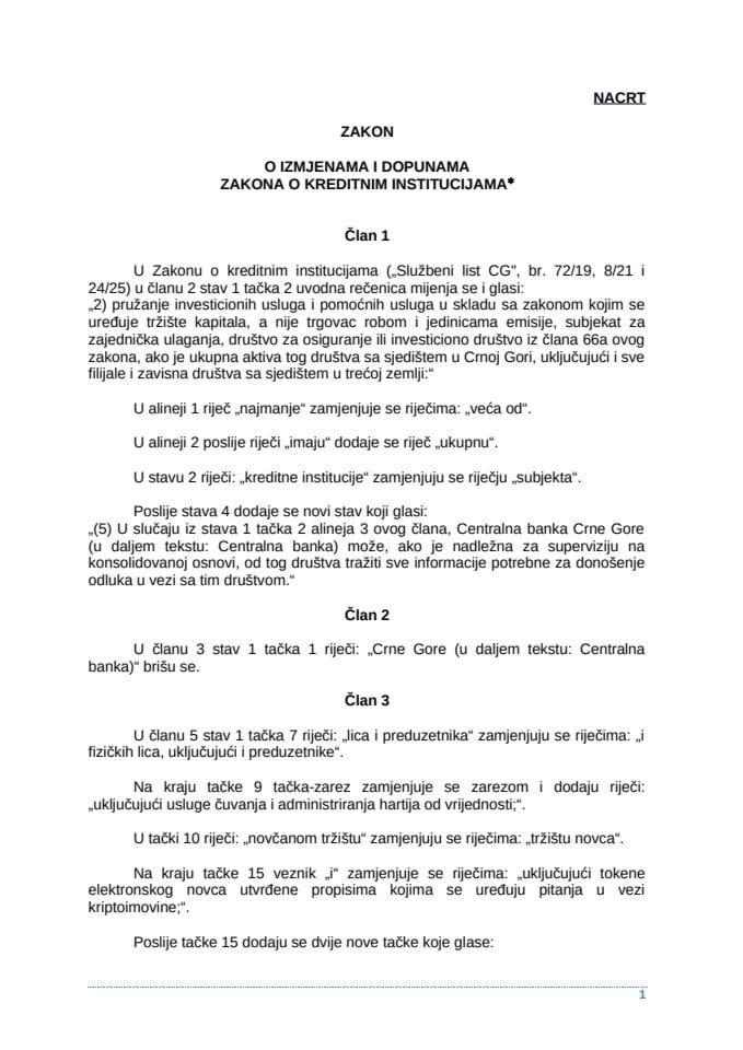Nacrt zakona o izmjenama i dopunama Zakona o kreditnim institucijama