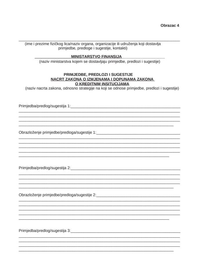 Obrazac za dostavljanje prijedloga, sugestija i komentara na Nacrt zakona