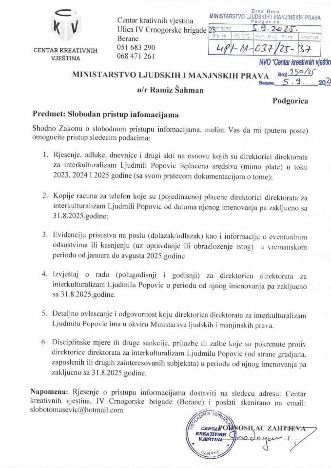 Zahtjev za SPI NVO Centar kreativnih vjestina - UPI 011-037/25-37/1, Rješenje UPI 01-037/25-37/2, Odgovor UPI 01-037/25-37/3
