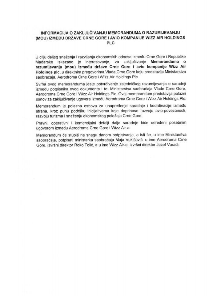Informacija o zaključivanju Memoranduma o razumijevanju (MOU) između države Crne Gore i avio kompanije Wizz Air Holdings plc s Predlogom memoranduma