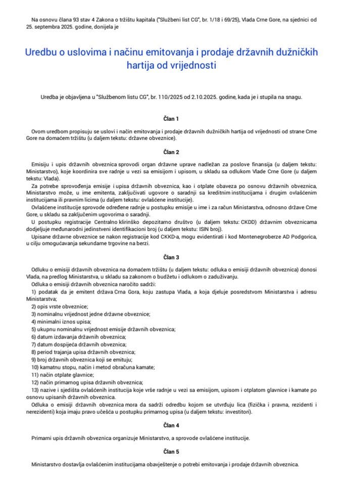 Uredba o uslovima i načinu emitovanja i prodaje državnih dužničkih hartija od vrijednosti