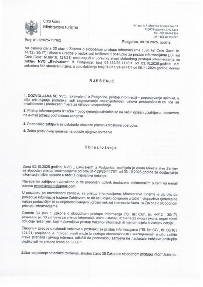 Rješenje - Slobodan pristup informacijama - UPI-01-129-25-1176-2 NVO Ekvivalent