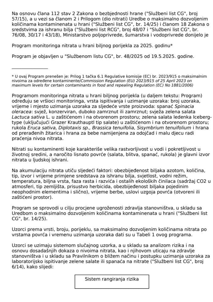 Програм мониторинга нитрата у храни биљног поријекла за 2025. годину