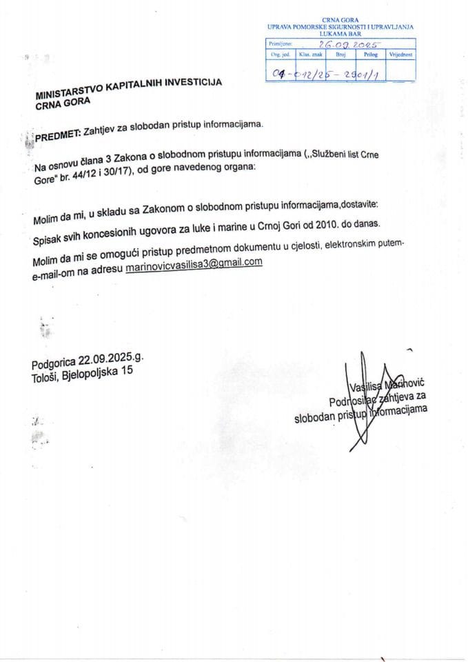 Zahtjev  br. 01-012-25-2901-1 od 26.09.2025. Vasilisa Marinović i rješenje SPI - 